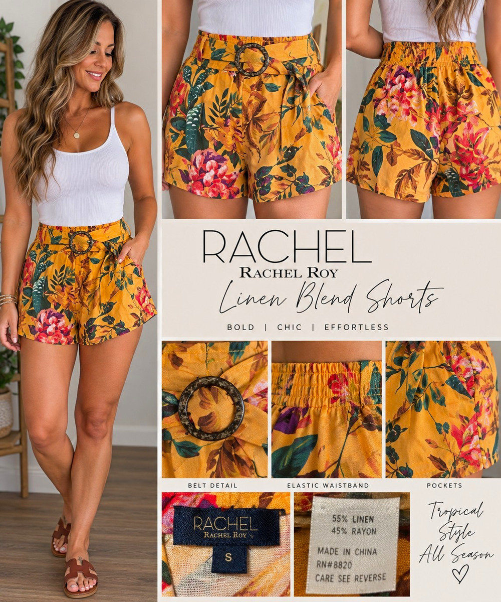 Rachel Rachel Roy Shorts Womens S Floral Linen Blend Belted Mustard Tropical NWT